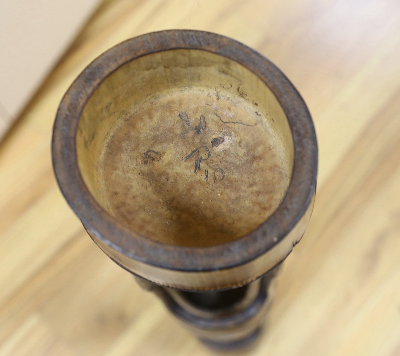 A Japanese Ikebana wood basket, together with a tall bamboo sectional Ikebana vase. Tallest 102cm